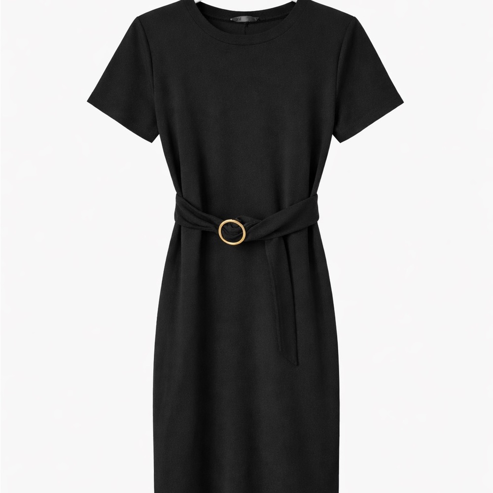 Zara Black Midi Dress with Gold Belt